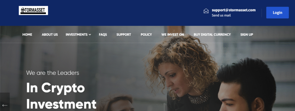 StormAsset.com trading platform homepage showing false claims and misleading investment promises.