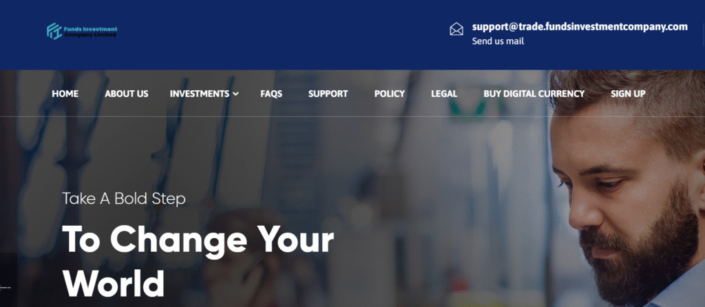 Screenshot of Trade.FundsInvestmentCompany.com homepage showing fake investment offers